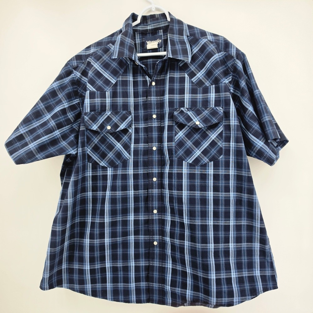 Wrangler Western Pearl Snap Shirt Mens XXL Blue Plaid Short Sleeve Cotton Cowboy